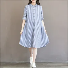Nova 2018 Mulheres Verão Casual Vestido Listrado Manga Longa Camisa de Linho de Algodão Confortável Solta Vestidos Plus Size Vestidos Xxxl
