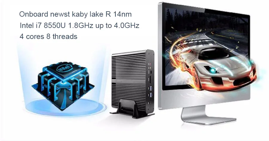 HYSTOU Intel Core i7 игровой компьютер 8550U 8565U Barebone безвентиляторный мини-ПК Windows 10 Linux UHD 4K HTPC Настольный DDR4 ram M.2 SSD