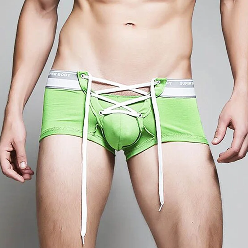 Grass green Бренд Superbody мужское сексуальное нижнее белье из хлопка мужские боксеры шорты на шнурке чехол для пениса дизайнерские трусы-боксеры для геев для мужчин - Цвет: Grass green