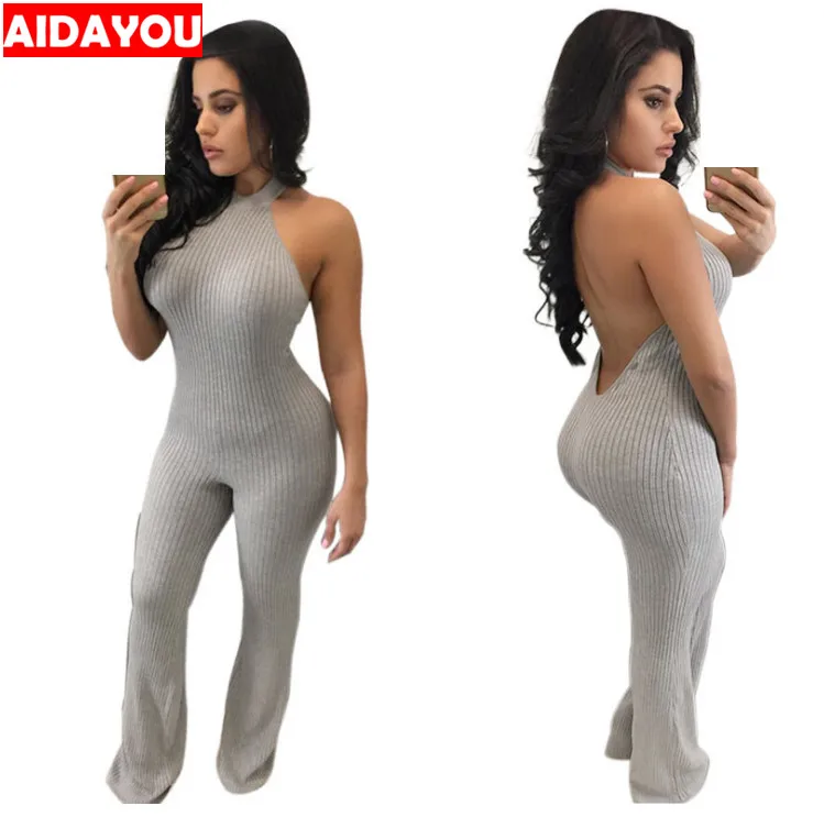 

Womens jumpsuit knitted sexy backless solid slim long jumpsuits Wide leg pants for night club party ouc1866a