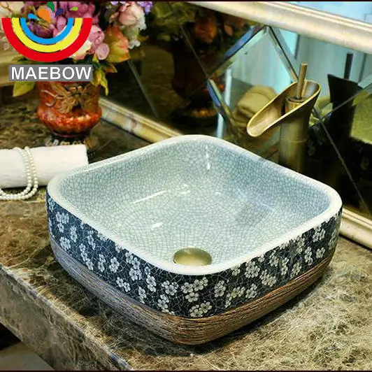 

Crackle Style Porcelain Engraving Square Ceramic Bathroom Sink Washbasin