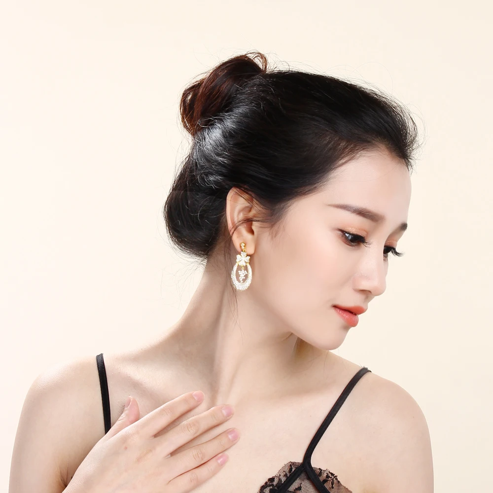 Beautiful flower drop earrings micro pave zirconia crystal aretes Jewelry luxury statement jewellery women elegant earring