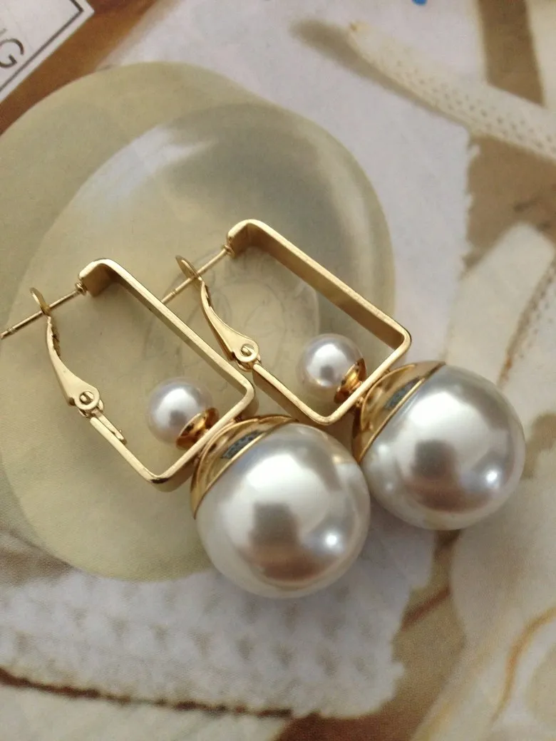Gold Geometric Double Pearls Dangle Earrings