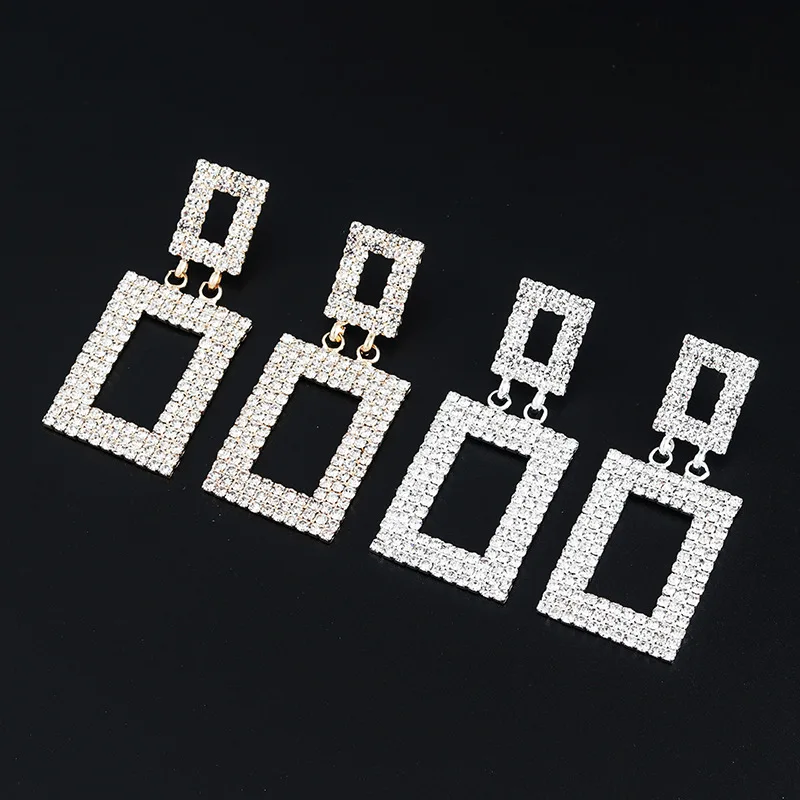 

Square Silver Tassel Bride Drop Earring 1Pair Crystal Bridal Rose Golden Rhinestone Dangling 10 Colors Gifts Golden Long Seaside