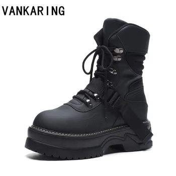 

VANKARING fashion motorcycle boots leather autumn winter lace-up high heel shoes black ankle boots woman platform military boots