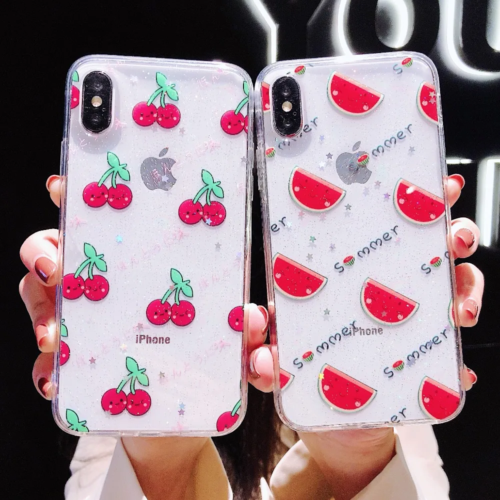 

Glitter fruit soft watermelon Cherry Phone case for iPhone 6 6S 7 8 plus Back Cover For iphone X S XS Max XR Transparent cases