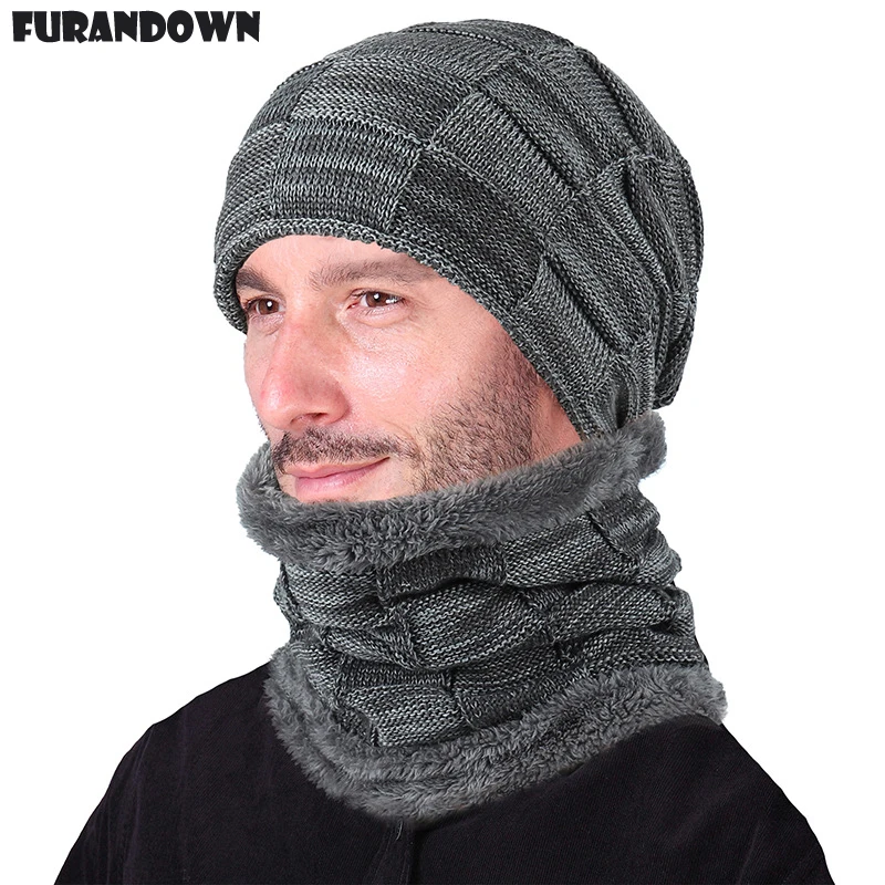 Winter Beanie Cap Men Knitted Hat Scarf Set Gorras Fleece Inside