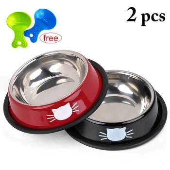 

2pcs Dog Cat Bowls Stainless Steel Travel Cat Face Feeding Feeder Water Bowl For Pet Dog Cats Puppy Food Dish with 2 Food Scoops