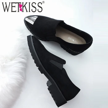 

WETKISS Summer Pumps Black Women Rivet Low Heels Shoes Female Flock Pumps Cover Instep Shoes Ladies Casual Studded Shoes 2019