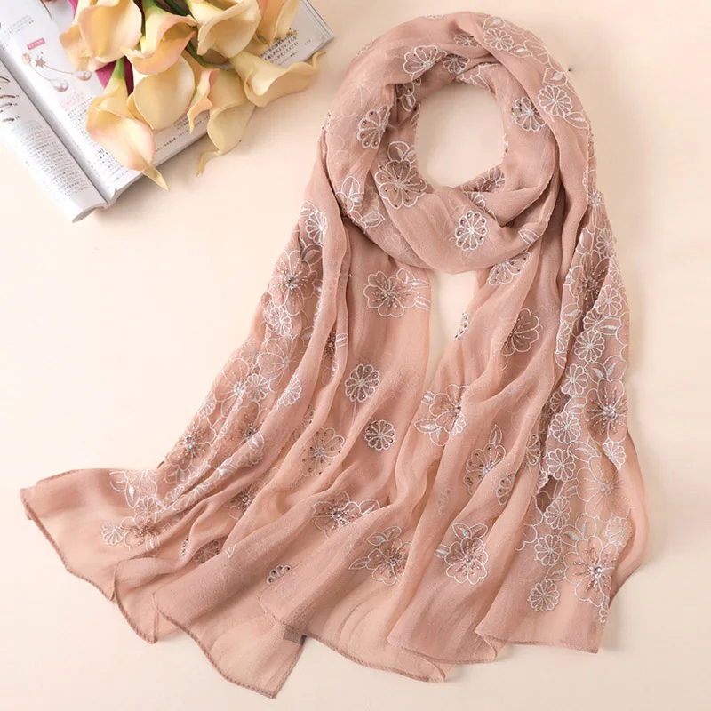 Чистый Шелковый шарф для женщин настоящий Шелковый шарф модная вышивка для мягкие женские пашмины шали бандана шарф хиджаб - Цвет: Хаки