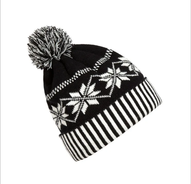 

Women Men Fashion Pom Pom Beanie Knitted Crochet Winter Ski Warm Hat Cap Snowflake Beanie Black And White Striped Cuff Ski Hat