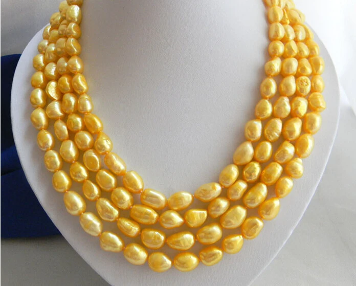 

Beautiful 4Strands 17" 9-10MM Golden Baroque Freshwater Pearl Necklace AAA