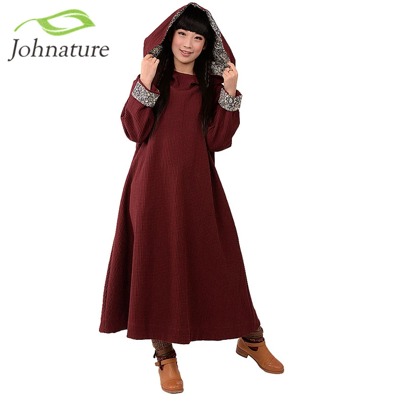 Johnature Women Maxi Dress Loose Robes Cotton Big Hats Red 2018 Autumn New Long Sleeve Print Floral Robes For Women Warm Dress