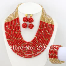 2014 New Fashion 10 Rows African Beads Jewelry Set Champagne&Red Bridal Jewelry Set Crystal Wholesale Free Shipping AJS138