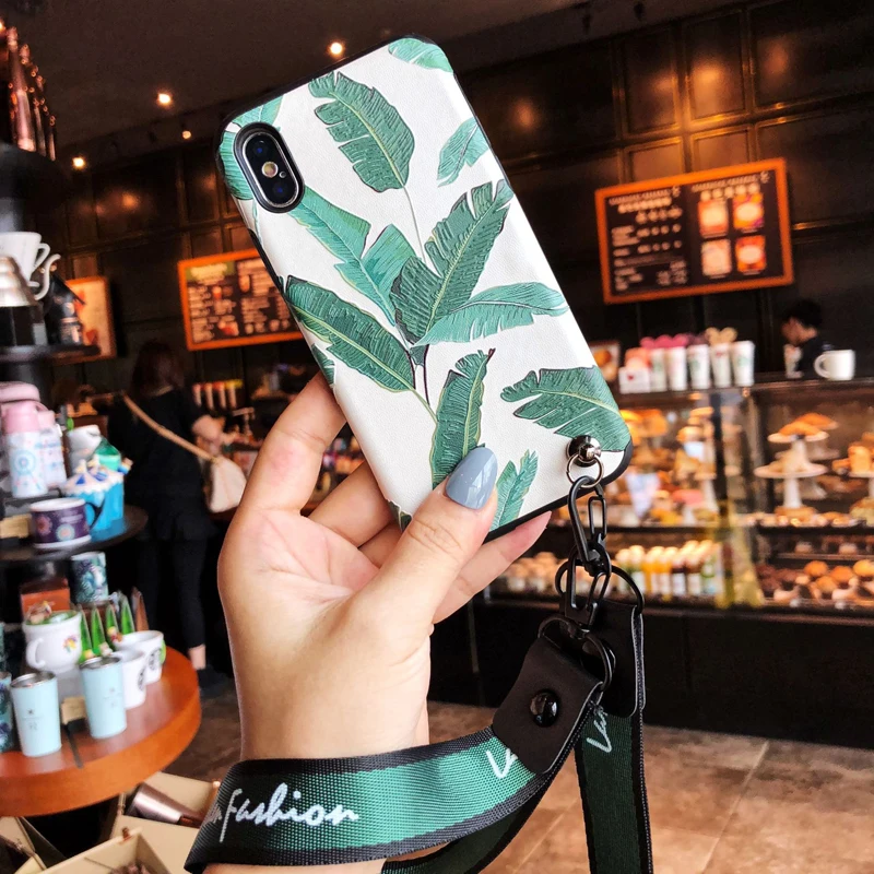 

Shockproof 3D Print Leaf Patterned Case Cover with Wrist Neck Strap for iPhone XS MAX XS XR XS 7 8 8 plus 6 6s 6s plus Soft TPU