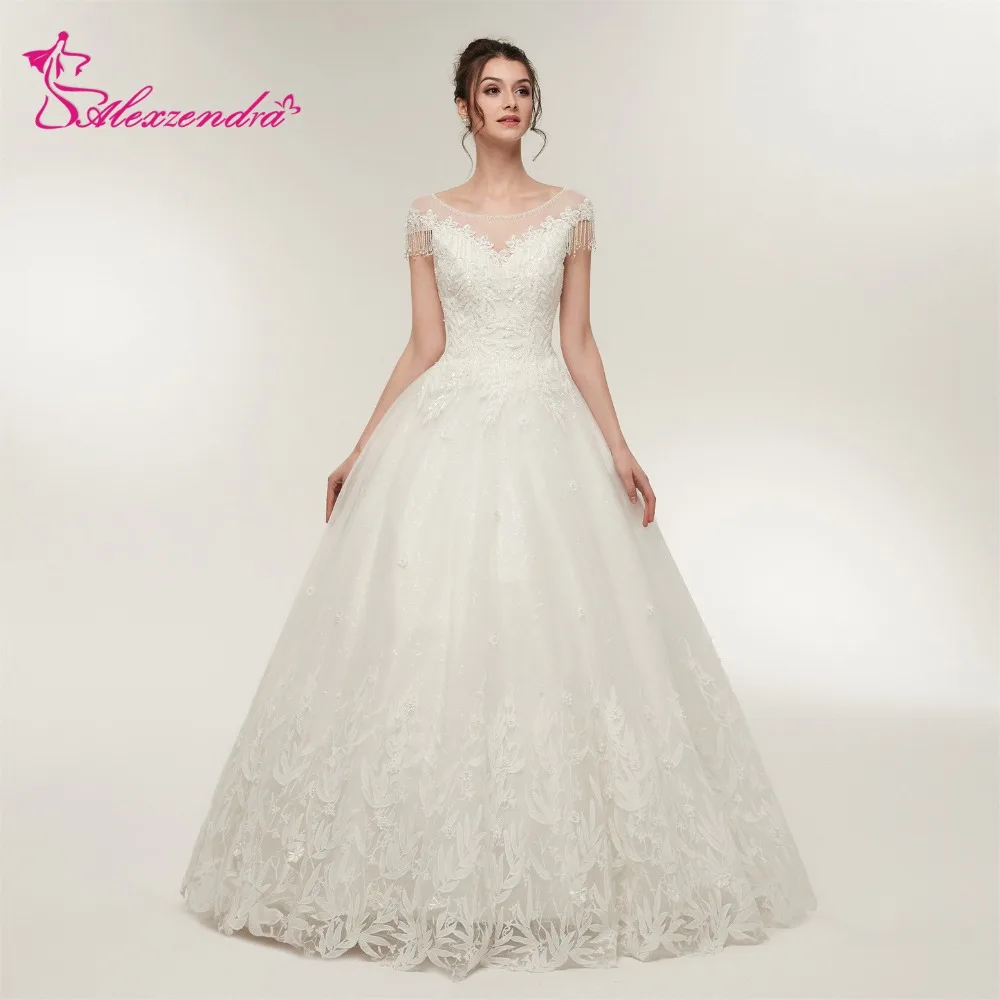 Alexzendra Stock Dresses A Line Wedding Dress Scoop Cap Sleeves
