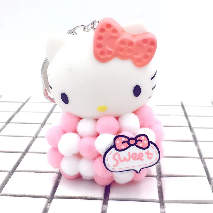 

Cute Hello Kitty Cartoon Bowknot Key Chain Pompom Keychain For Women Creative Gift Gold Metal Key Ring Bag Charm Porte Clef Toy
