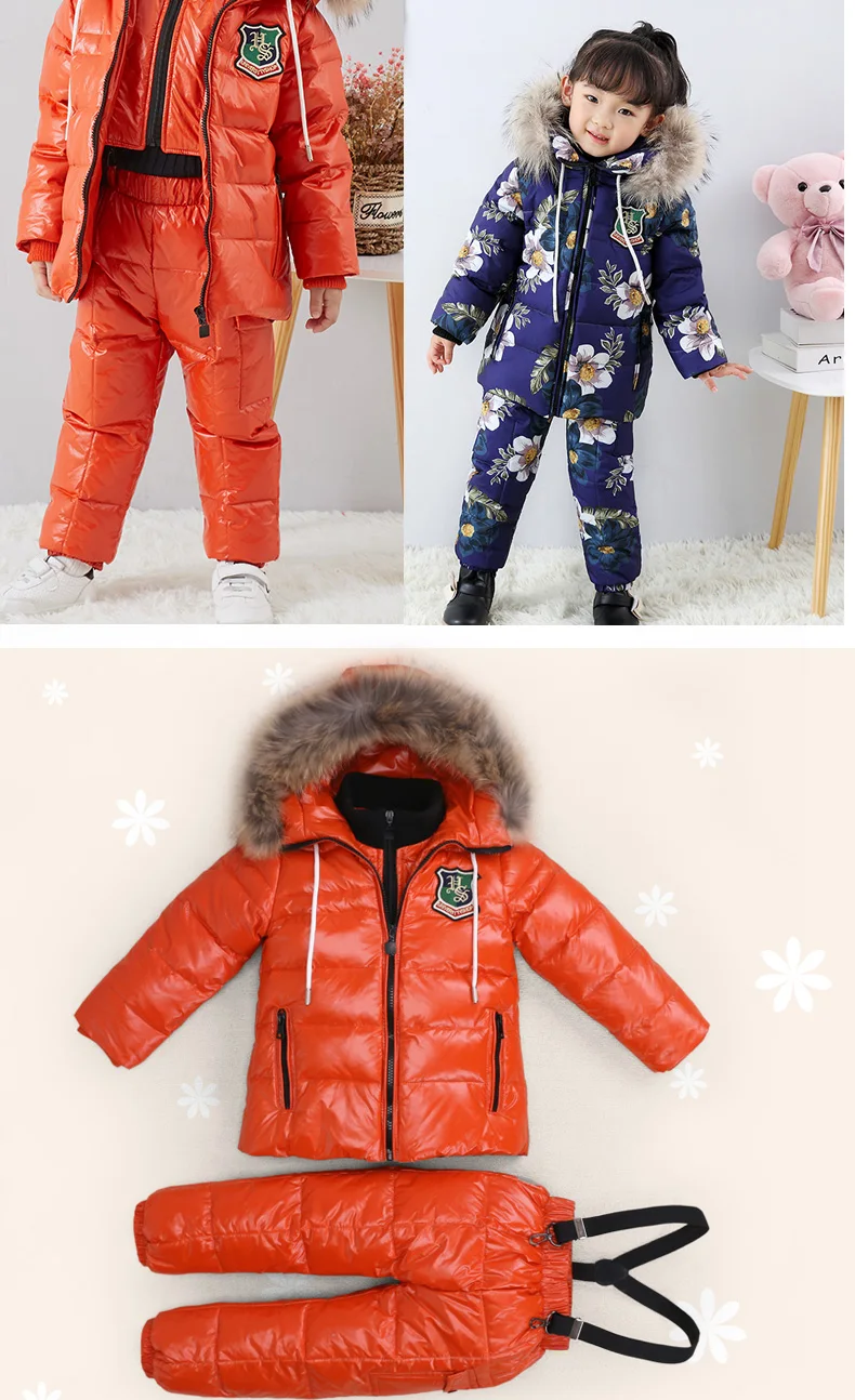 Зимний Детский костюм пуховая Куртка пуховая куртка для мальчиков и девочек из двух предметов Зимний лыжный костюм для прогулок с лямкой-30 утепленная пуховая куртка