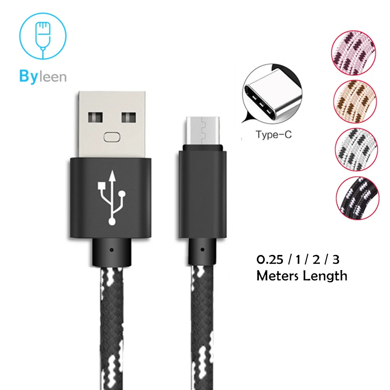 

BYLEEN Nylon USB 3.0 Type C Charger 25cm Short 1/2/3 Meter Long Data Sync Line For Meizu 16th Oppo R17 Huawei P 20 Lite Nova 3e
