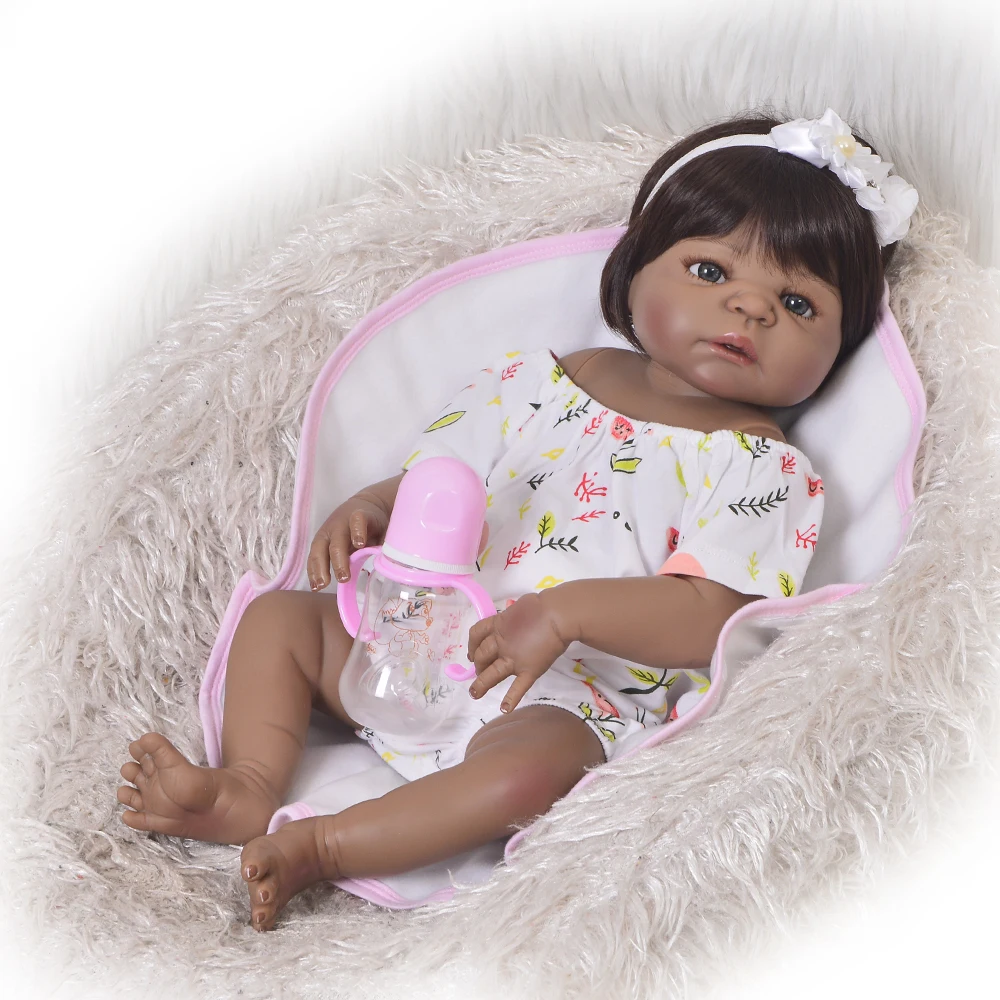 

55cm Full Body Silicone Reborn Baby Doll Toy 22inch Black Skin bebe doll reborn toddler girl babies Doll Child Bathe Toy