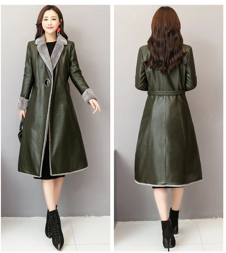 Женское зимнее кожаное пальто, новинка, модное пальто плюс вельветовое теплое толстое кожаное пальто большого размера, тонкое женское кожаное пальто OK620