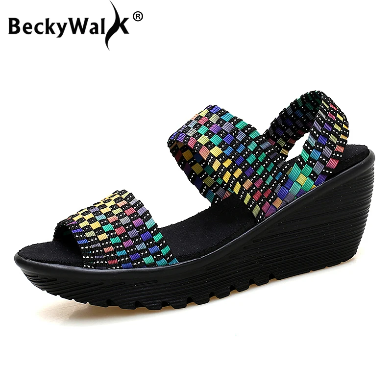 BeckyWalk/женская летняя обувь; тканые босоножки с петлей на пятке; босоножки на танкетке с открытым носком; женские босоножки без застежки; femme; коллекция года; WSH2909