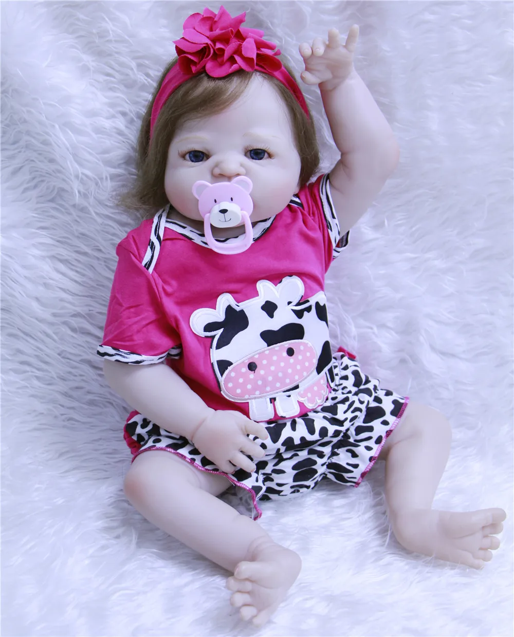 

23inch/57cm reborn Full silicone babies dolls bebe alive realistic cute cow clothes bottle as kids birthday gift bonecas toy