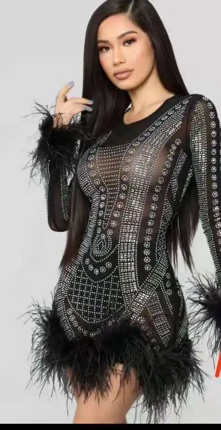 

2019 New Fashion Womens Party New Arrival Long Sleeve Bodycon O-neck Solid Bandage Rayon Mini Zipper Sexy Feathers Dress