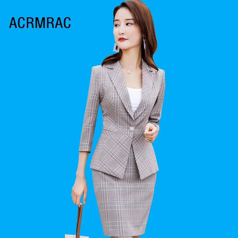 

Women suits Slim spring Plaid Half sleeve jacket skirt 2-piece set OL Formal Women skirt suits Woman set suits 983