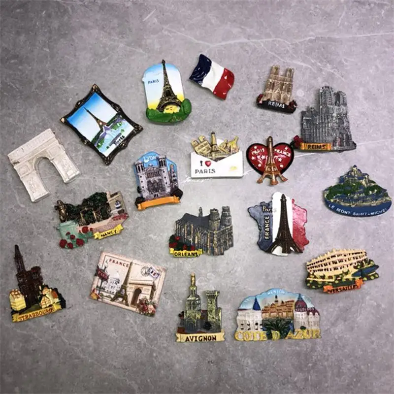 

HOT Fridge Magnet Souvenir Resin Magnets French Famous Buildings Paris REIMS ORLEANS Flag Refrigerator Sticker Home Decoration