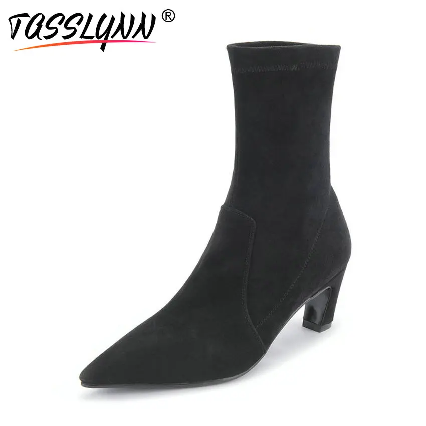 

TASSLYNN 2018 Elegant Boots Women Pointed Toe Autumn Shoes Stretch Fabric Ankle Boots Slip on High Heels Ladies Boots Size 34-39