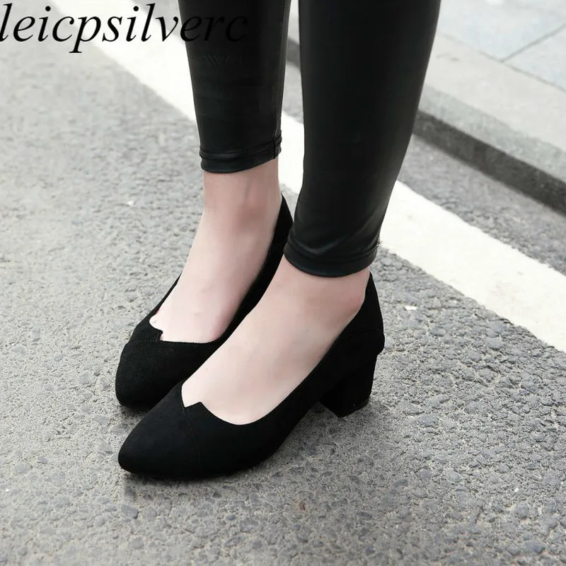 

Women Pumps Med Heels Shoes Spring Autumn Flock Pointed Toe Slip on 2019 Sexy New Fashion Casual Party Wedding Black Beige Red