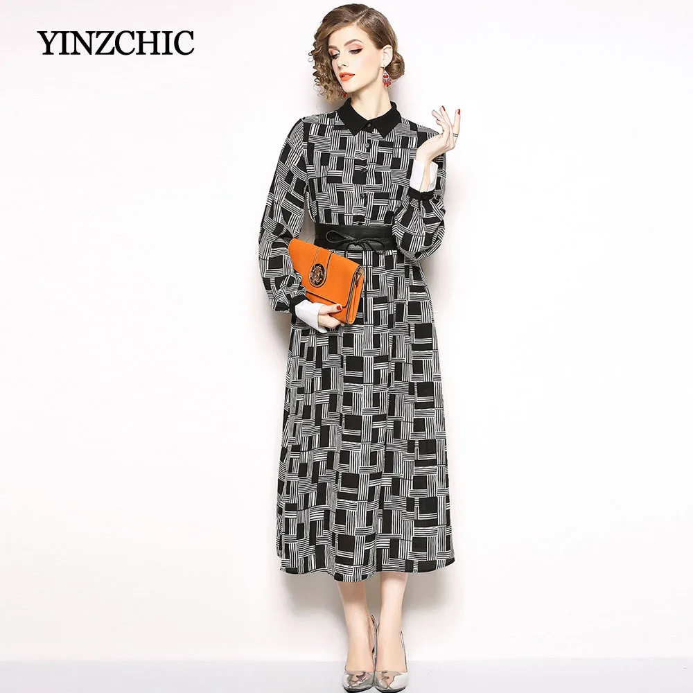 

Chic Autumn Womans Midi Dresses Turn-Down Collar Female Casual Dress Slim Waisted Geometric Printed Dresses Womens