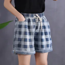 Woman Shorts Summer Plus Size Nation Style Vintage Plaid Denim Shorts Elastic Mid-waist Washed Pocket Casual Loose Jeans Shorts Woman Shorts Summer Plus Size Nation Style Vintage Plaid Denim Shorts Elastic Mid-waist Washed Pocket Casual Loose Jeans Shorts