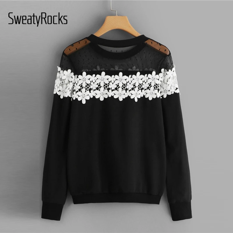 SweatyRocks الأسود التباين الدانتيل البلوز طويلة الأكمام س الرقبة عارضة البلوفرات 2019 الربيع الشارع الشهير الأزهار النساء بلوزات