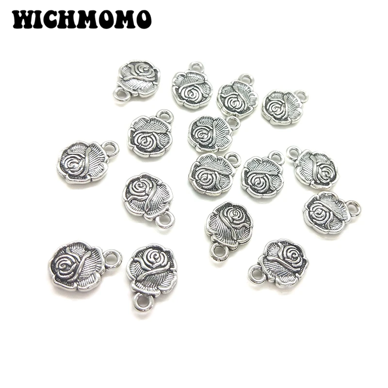 

New Fashion 14*10mm 15pieces/bag Retro Silver Zinc Alloy Rose Flowers Charms Pendant for Earring Necklace Jewelry Accessories