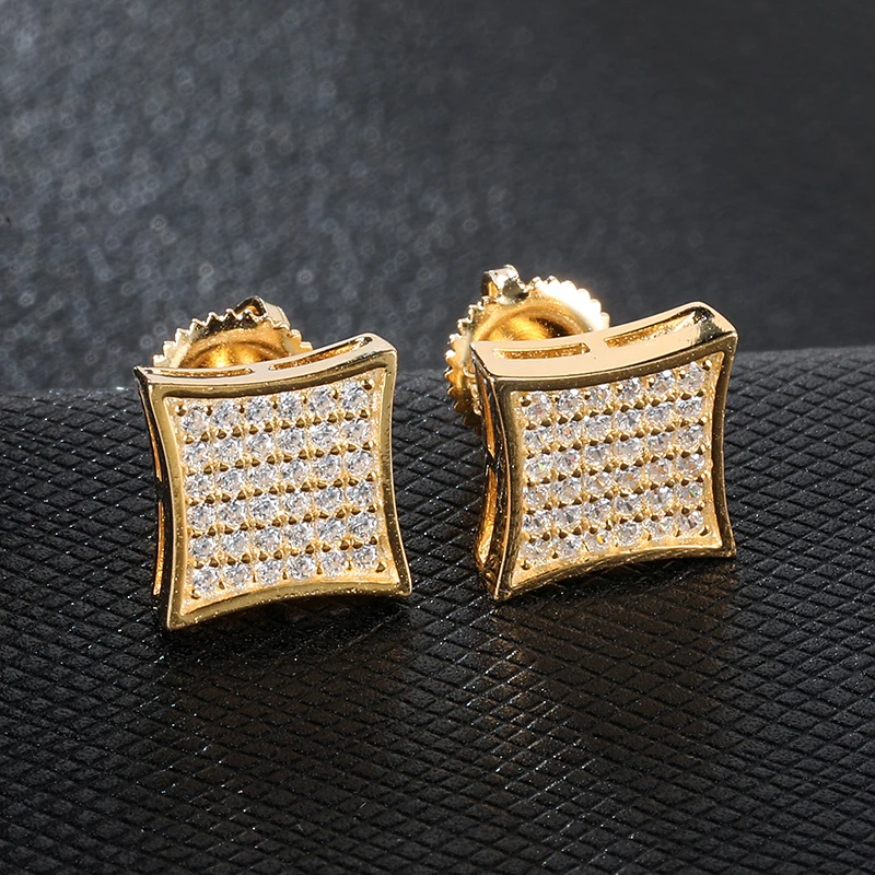

New Hip Hop Full Rhinestone Geometric Square Earrings For Women Men Gold Color Copper Boucle D'oreille Femme 2019
