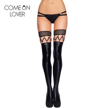

Comeonlover Fishnet top black faux leather stockings knee high sexy stockings women tights stocking RE80432 thigh high stockings