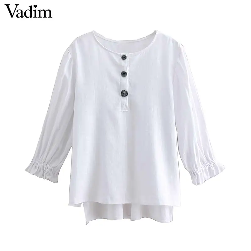 

Vadim women white linen loose blouse long sleeve o neck asymmetrical shirts female office wear oversized tops blusas mujer LA918