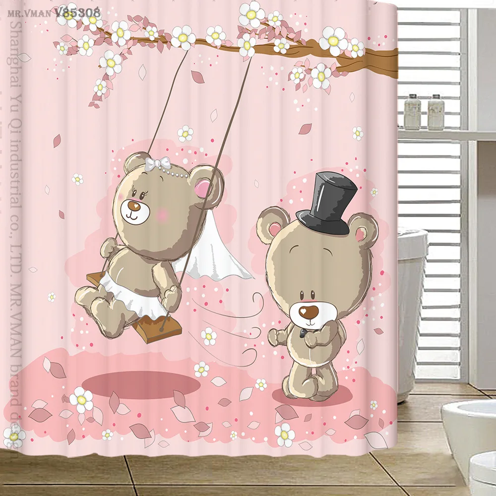 Cartoon Animal Couple Printed Waterproof Bathroom Shower Curtain