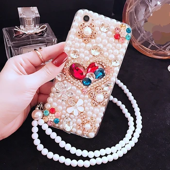 

Elegance Pearl rhinestone flower heart rope phone case For Huawei P10 P20 Lite Plus Y5 Y6 Y9 2017 2018 Mate 9 10 20 lite Pro