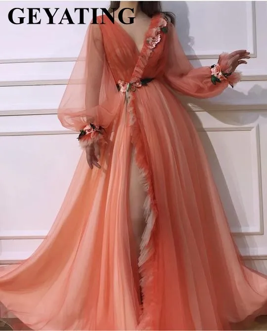 Коралловый тюлевый с длинными рукавами 3D цветы дубайские Вечерние наряды сексуальный v-образный вырез длинный арабское выпускное платье с разрезом оборки официальное вечернее платье