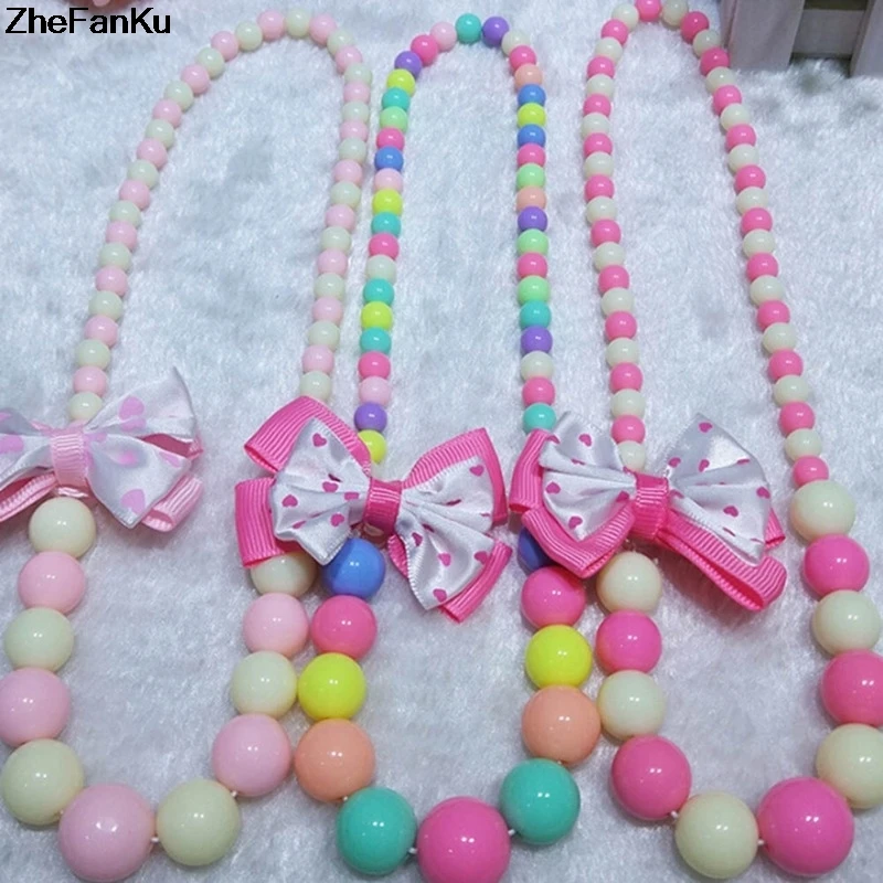 

2019 Creative Kids Jewelry Accessories Candy Color Necklace Baby Girl Kids Snow Princess Satin Ribbon Bow Necklace