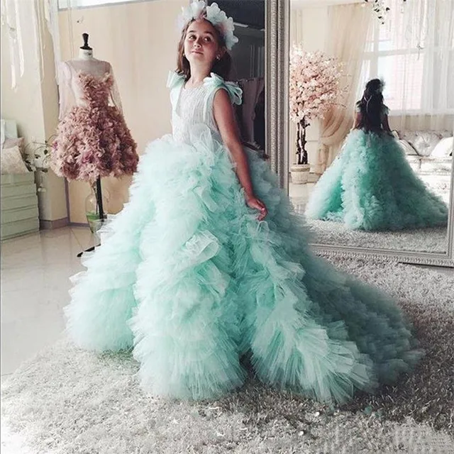Best price at $143 Cheap Adorable Girls Pageant Flower Girl Dresses Satin Mesh Appliques Crew Neck Mint Blue Ball Gown with Train Kids Party Dresses 2017