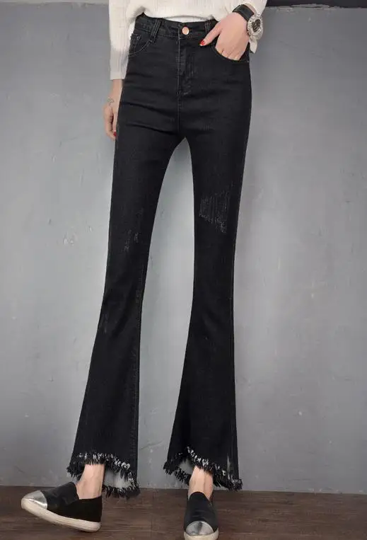 Новое поступление, джинсы со средней талией, женские черные расклешенные брюки с кисточками по краям, женские брюки