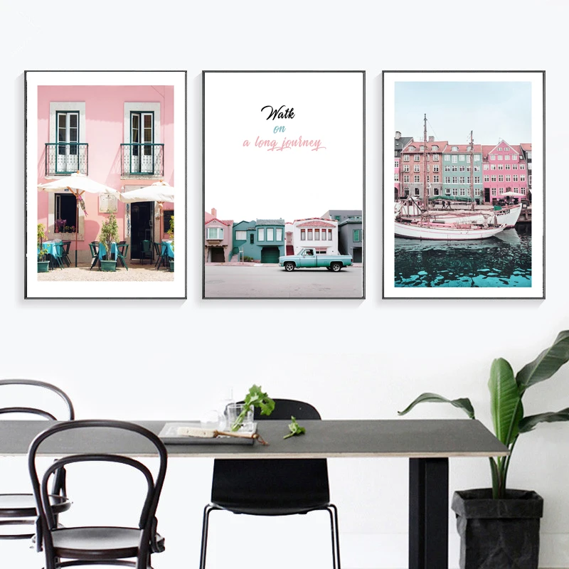 

Girls Room Decor Pink Building Nordic Posters and Prints Boat Seascape Wall Art Scandinavian Picture Canvas Painting for Bedroom