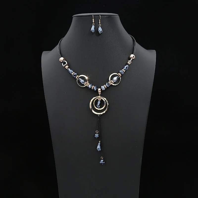 Crazy Feng Luxury Acrylic Beaded Jewelry Set Long Pendant Necklaces Drop Earrings For Women Vintage Dubai Costume Jewerly NE+EA - Окраска металла: 975
