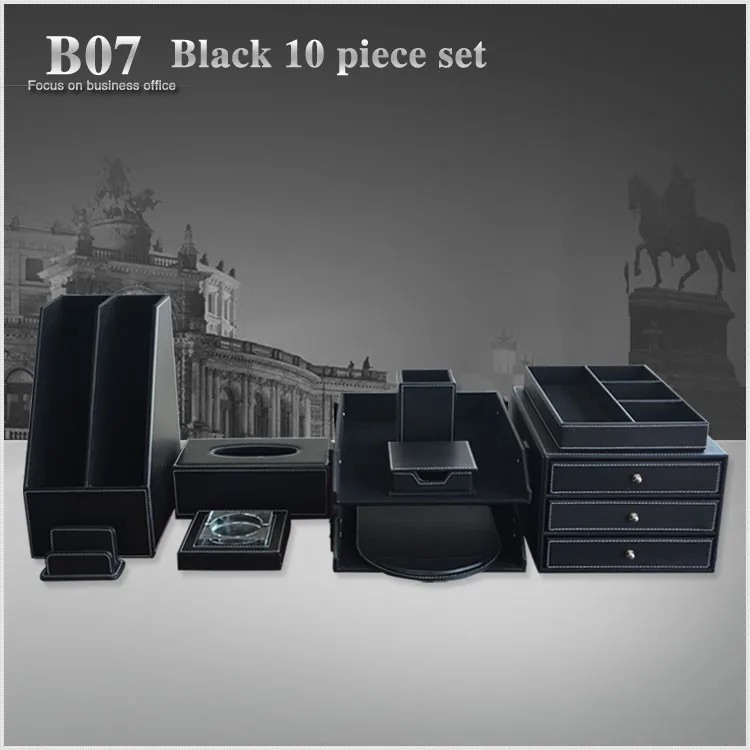 Discount PITEBO 10PCS/set luxury leather office desk stationery file organizer set file cabinet sationery pen box black 1