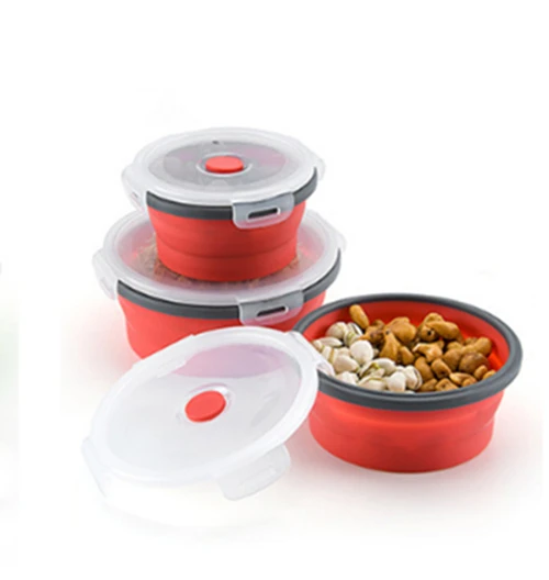 Складной круглый силиконовый Ланч-бокс Еда коробка кухонные контейнеры для продуктов школьная коробка для завтрака пригодная для использования в микроволновке в безопасности - Цвет: RED