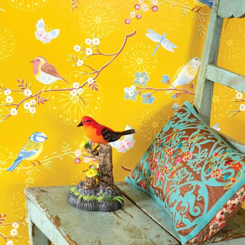 Пастырские цветы и птицы нетканые обои Цветочные для спальни Гостиная ТВ фон домашний декор закрывающий стену рулон желтый